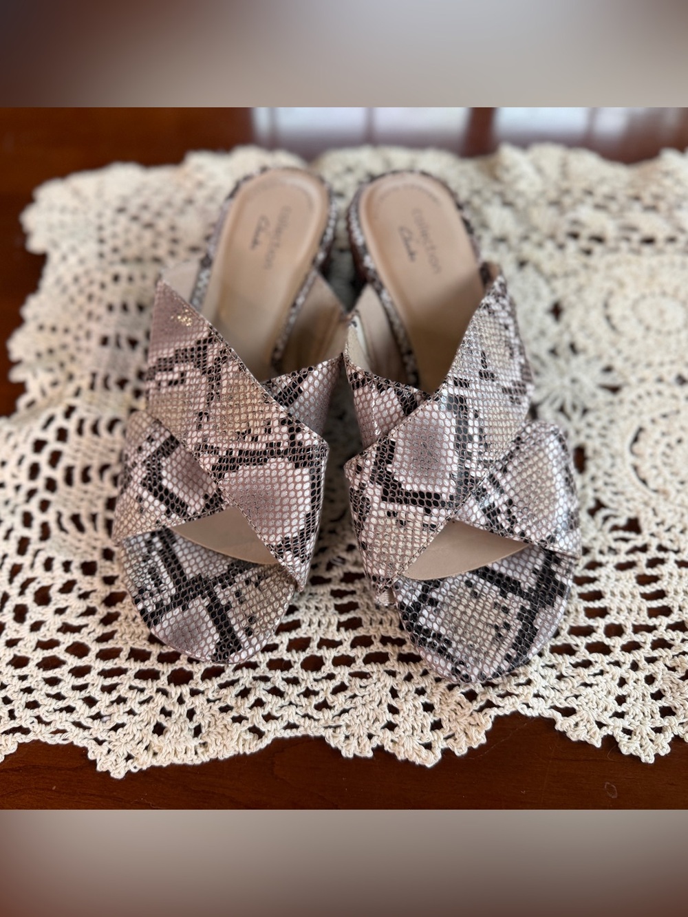Clarks Women's Crisscross Snake-Print Mules in Blush and Black